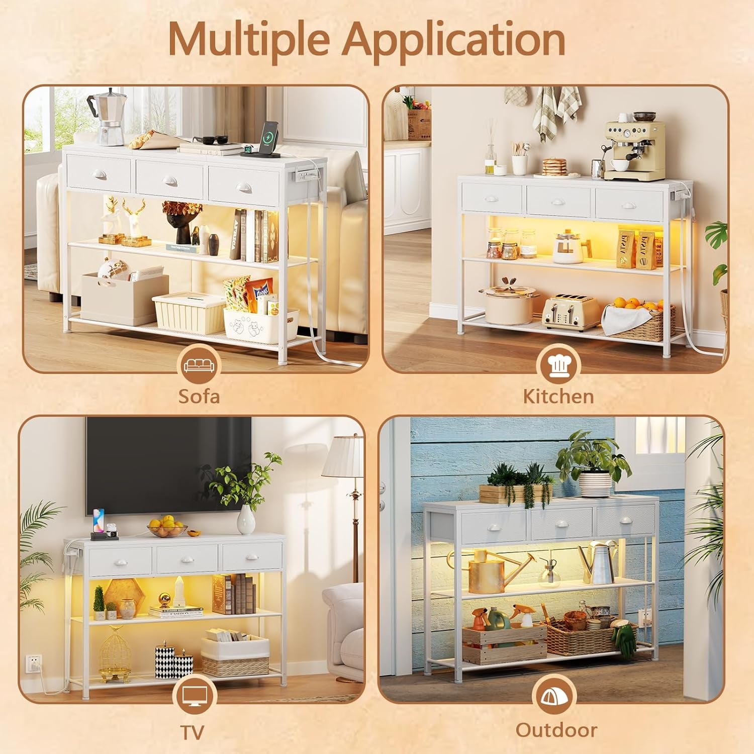 38In Console Table with 3 Drawers, Small Sofa Table with Lights and Power Outlets, Hallway Tables with 3-Tier Shelves, White Narrow Console Table for Entryway, Living Room, Couch, Foyer