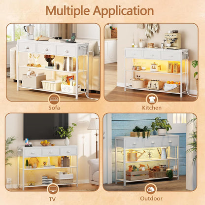 38In Console Table with 3 Drawers, Small Sofa Table with Lights and Power Outlets, Hallway Tables with 3-Tier Shelves, White Narrow Console Table for Entryway, Living Room, Couch, Foyer