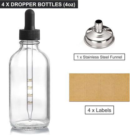4 Pack 4Oz Glass Dropper Bottles with Measured Dropper - 120Ml Clear Tincture Bottles with Calibrated Glass Eye Droppers (1Ml), Leakproof Essential Oil Bottle for Health, Personal Care & Beauty