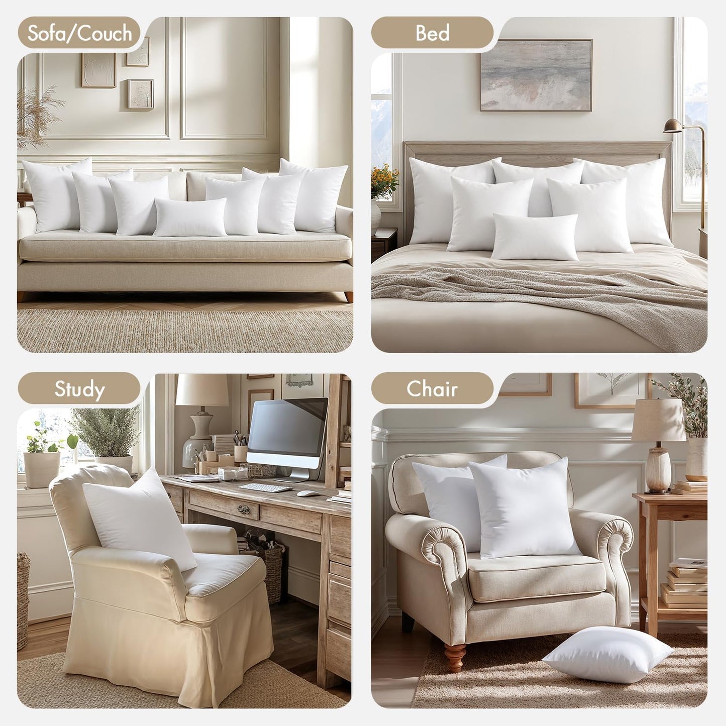Premium 18x18 Inch Throw Pillow Inserts, Pack of 4, Filled with 100% Virgin Microfiber for Bed, Couch, and Sofa