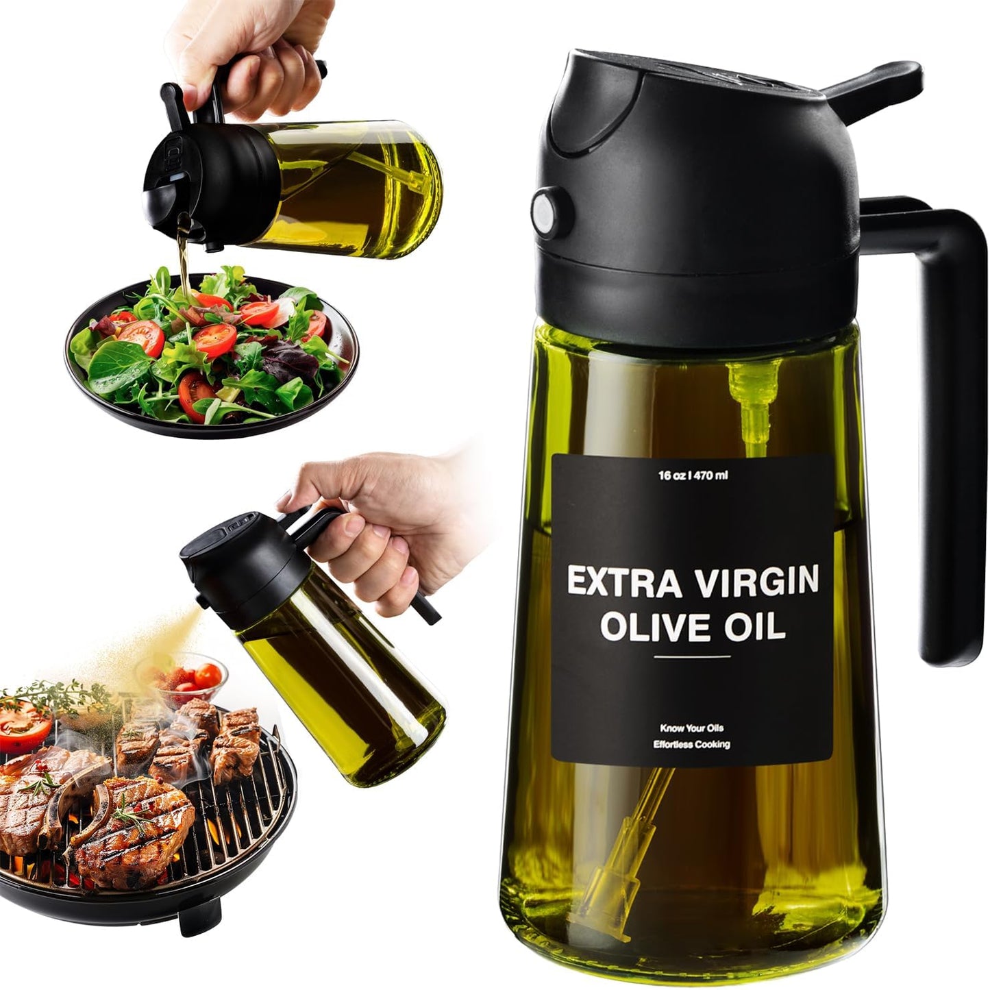 - 16Oz/470Ml Olive Oil Dispenser for Kitchen with Stickers - 2 in 1 Olive Oil Sprayer for Cooking, Air Fryer, and Salad, Black (Light-Proof Kitchen Gadget)