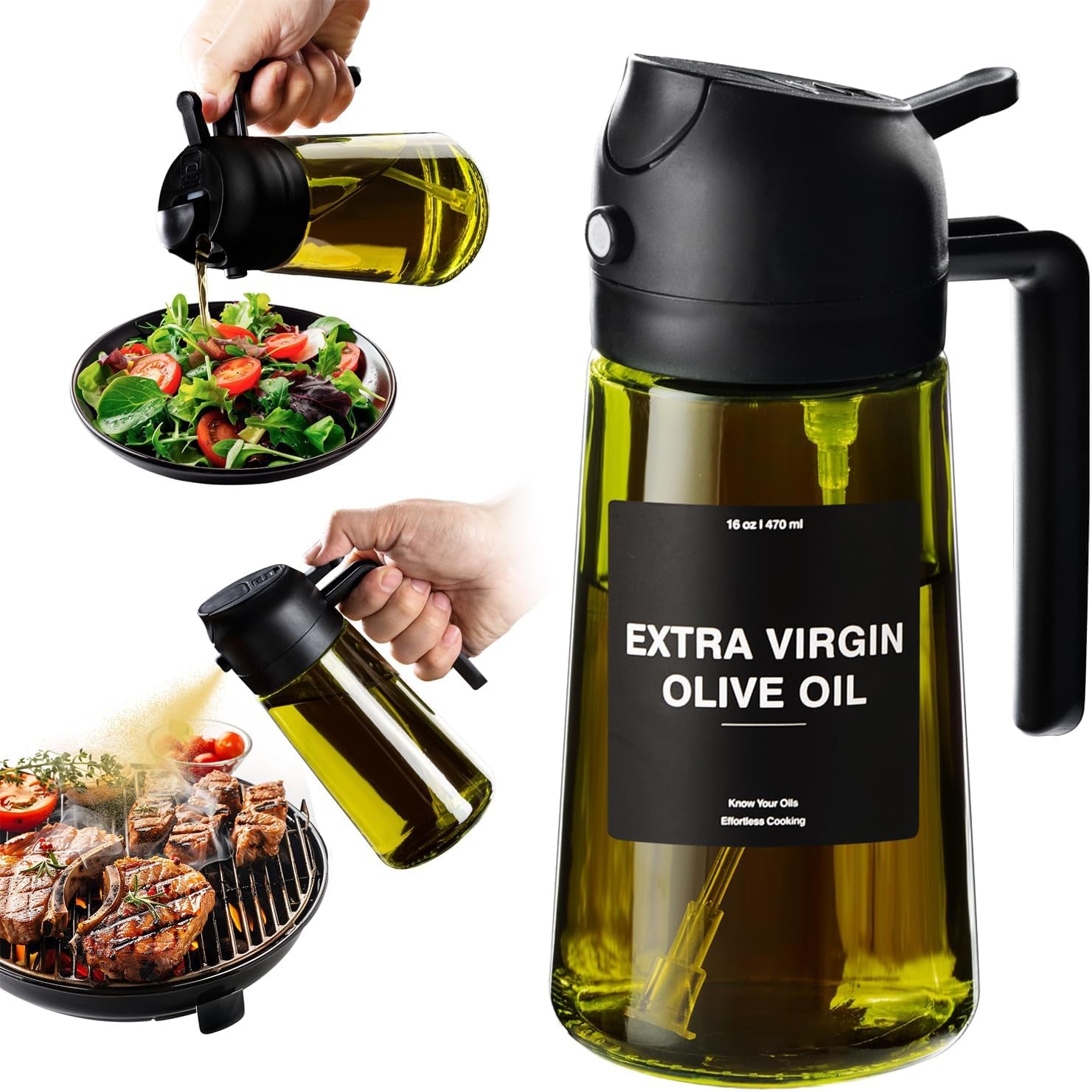 - 16Oz/470Ml Olive Oil Dispenser for Kitchen with Stickers - 2 in 1 Olive Oil Sprayer for Cooking, Air Fryer, and Salad, Black (Light-Proof Kitchen Gadget)