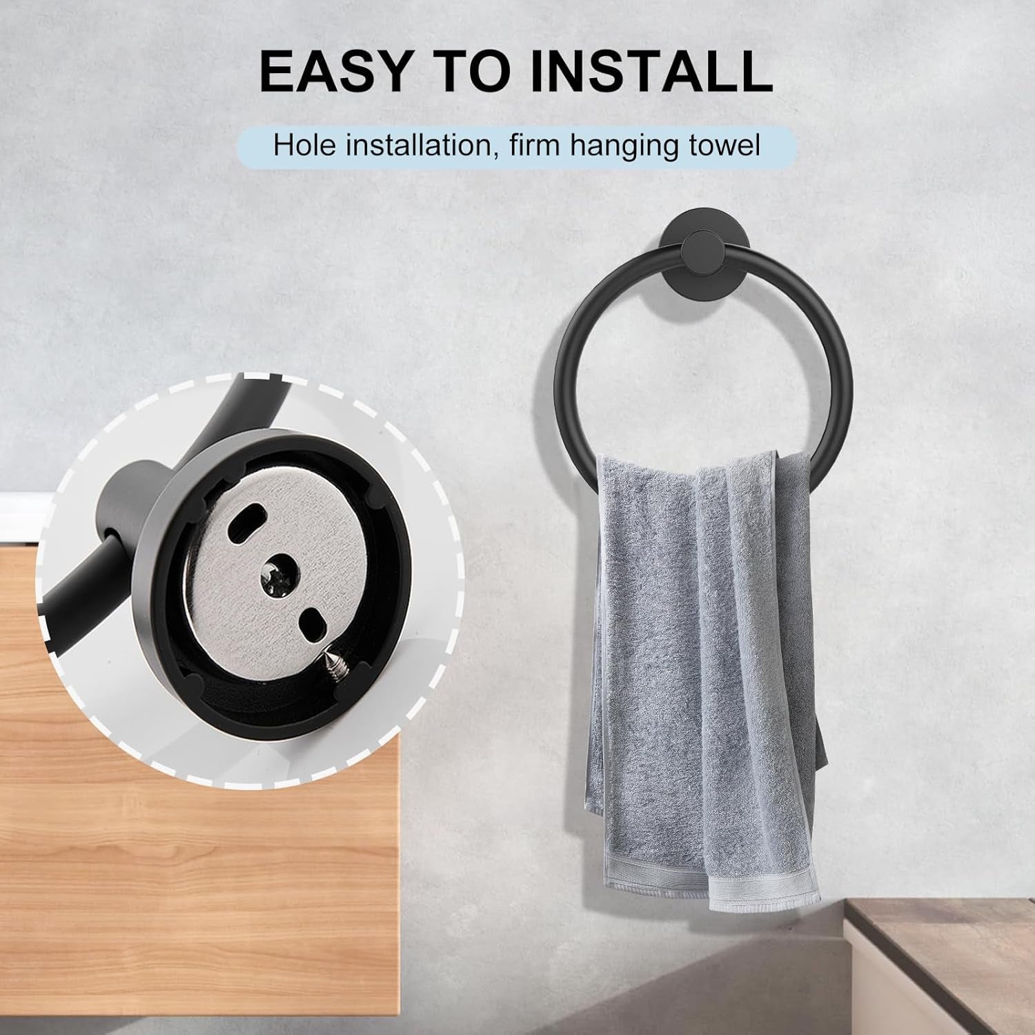 Towel Holder for Bathroom Wall Matte Black Stainless Steel Bathroom Accessories Set Includes Towel Ring and Toilet Paper Holder, Drill Hole