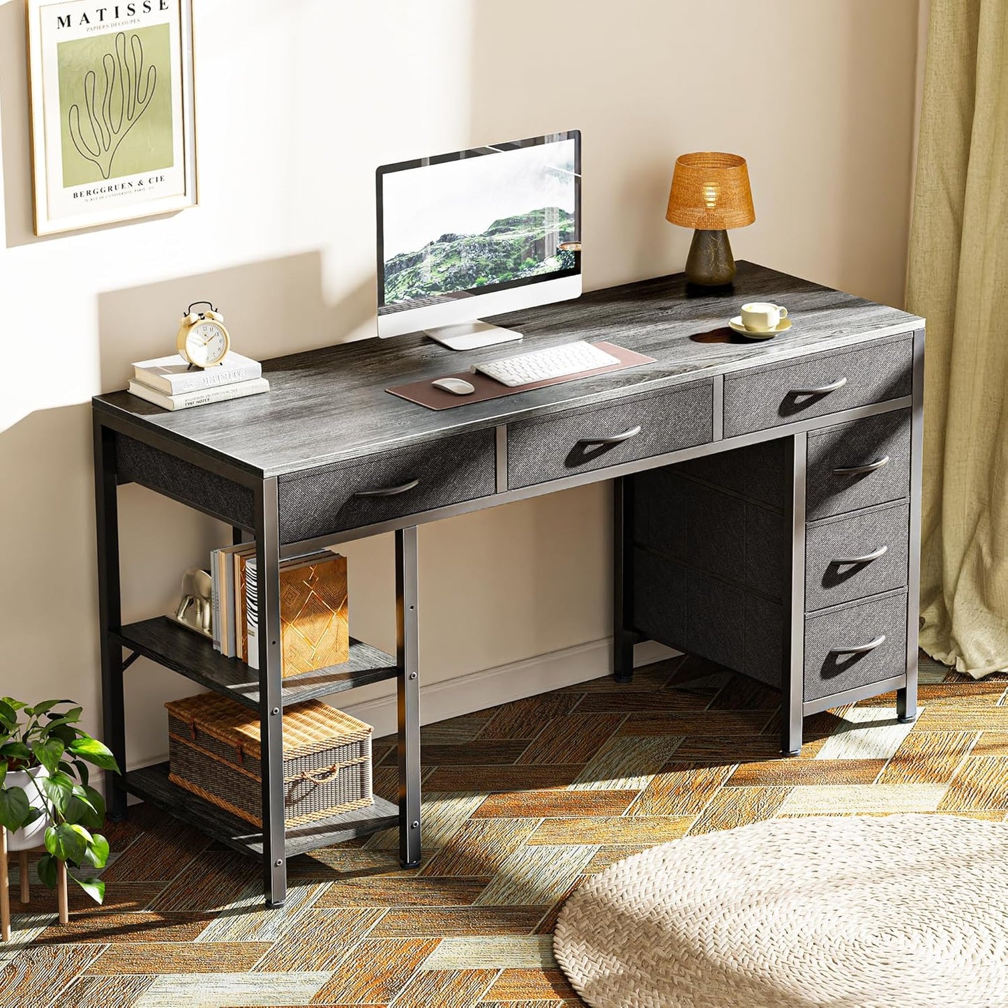 47-Inch Computer Desk with 6 Drawers and Shelves, Reversible Gaming and Corner Desk with Storage for Home Office and Living Room, Gray