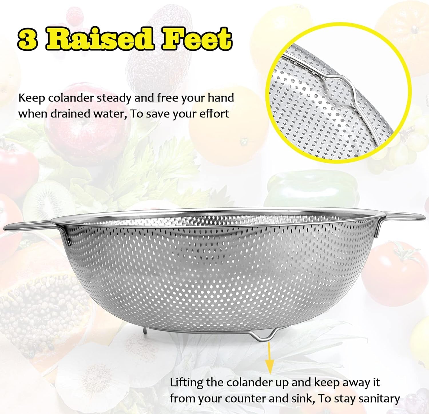 Stainless Steel Colander, Micro-Perforated Food Strainer with Handle for Washing Draining, Great for Pasta Fruits Vegetables, Dishwasher Safe & Healthy, 1 +3 Qt, 2Pcs