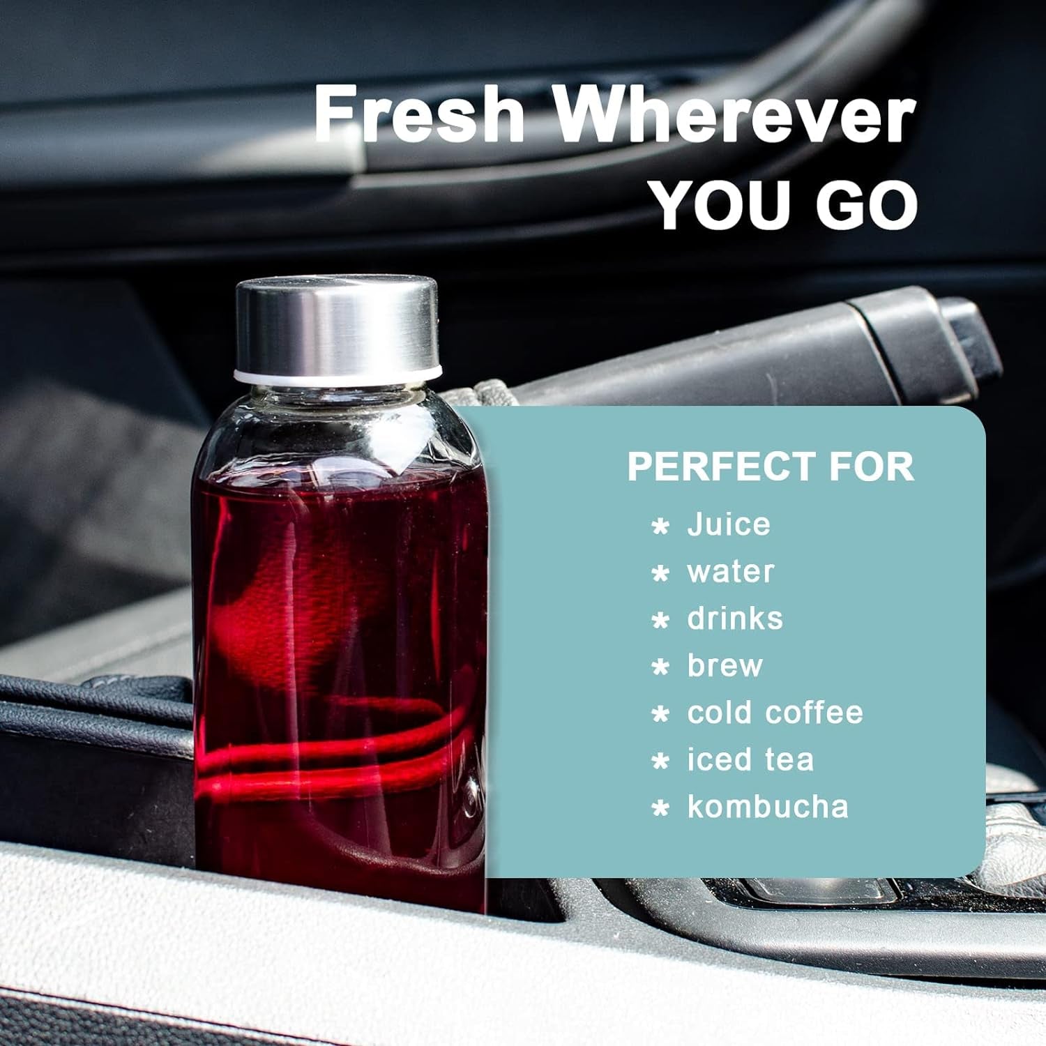 Clear Glass Bottles with Lids 18 Oz, Reusable Glass Water Bottles with Stainless Steel Cap for Juicing, Refrigerator,100% Leak Proof, BPA Free, Set of 3