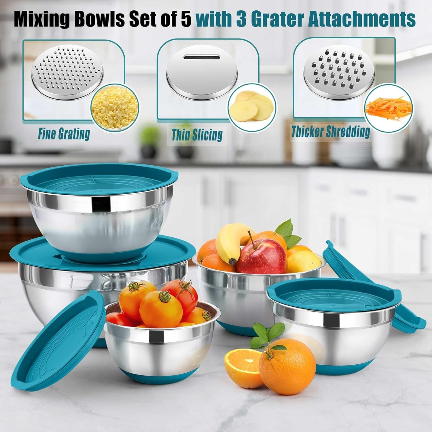 Mixing Bowl with Lid Set, 5 Piece Stainless Steel Mixing Nesting Bowls for Salad Storage, 3 Grater Attachments & Non-Slip Bottoms, Size 1/1.5/2 / 2.6/4.6 QT, Blue