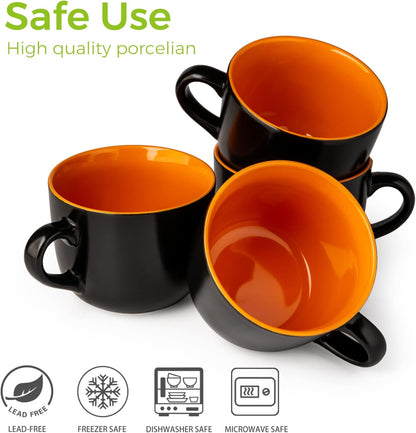 Set of 4 Jumbo Ceramic Soup Mugs with Handles, 24 Oz - Versatile Microwave and Dishwasher Safe Bowls for Coffee, Cereal, Snacks, Salad, and Noodles - Orange Interior