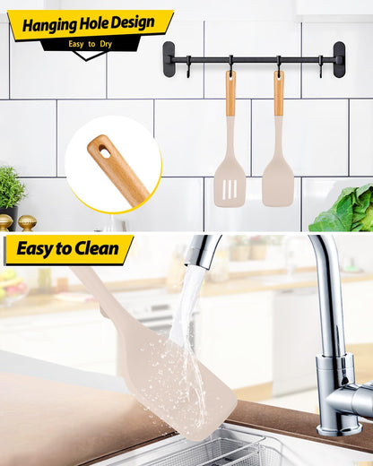 Pack of 2 Large Silicone Spatula, Heat Resistant Solid Turner, Non Stick Slotted Spatulas with Wooden Handle, Ideal Kitchen Utensils for Flipping, Pancakes, Eggs, Fish(Khaki)