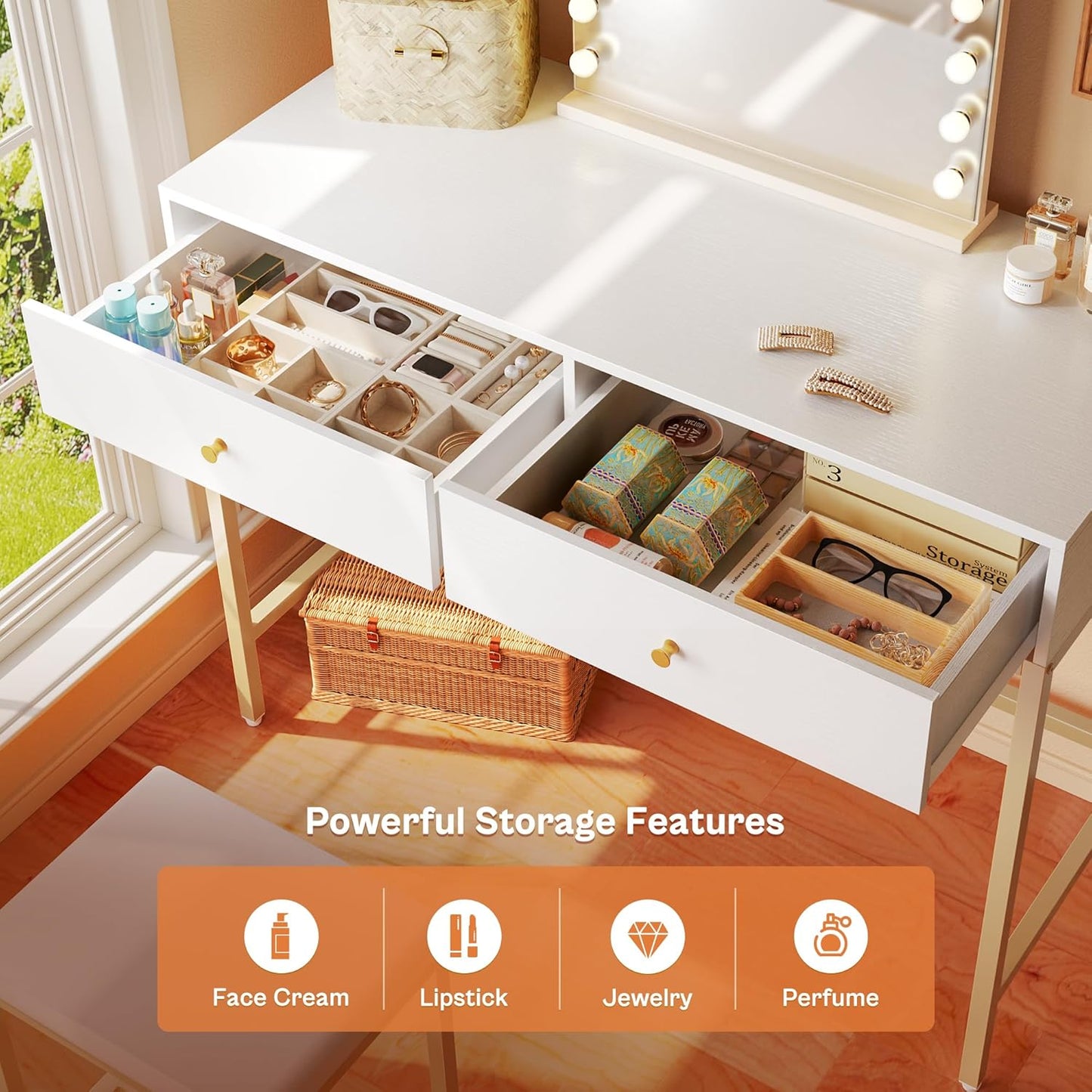 35.4" White and Gold Modern Desk with Two Drawers, Makeup Vanity Set with Padded Stool, Compact Home Office Writing Desk for Study and Bedroom