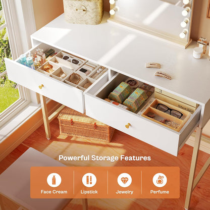 35.4" White and Gold Modern Desk with Two Drawers, Makeup Vanity Set with Padded Stool, Compact Home Office Writing Desk for Study and Bedroom