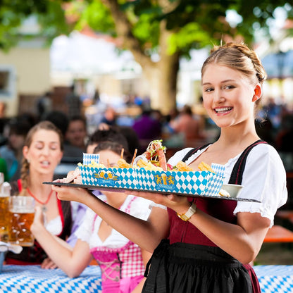 30 PCS Oktoberfest Decoration, Oktoberfest Food Trays with 3 Designs, Disposable Beer Gathering Supply, Paper Snack Take Out Food Serving Tray Blue White Checkered Tray Oktoberfest Party Supplies