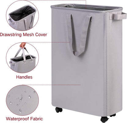 Slim Laundry Hamper with Wheels, Rolling Laundry Basket for Clothes, Small Laundry Basket for Bedroom, Dorm and Laundry Room, 60L (12.7 Gallons) Grey