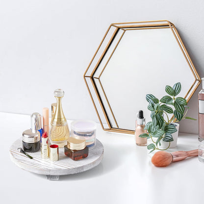 Round Wood Tray Farmhouse Bathroom Decor Pedestal Stand Decorative Kitchen Vanity Counter Sink Accessories Wooden Riser for Soap Dish, Perfume, Candle, Sponge, 9", Rustic White