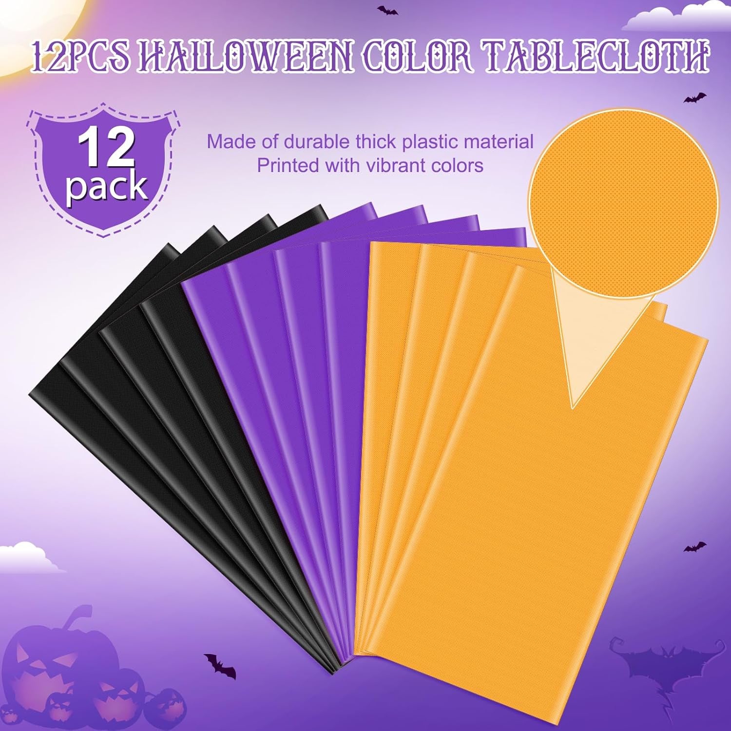 12Pack 54 X 108 Inch Halloween Tablecloths Bulk Plastic Black Purple Orange Table Cloths Disposable Rectangle Table Covers for Halloween Witch Vampire Party Fall Autumn Party Decorations