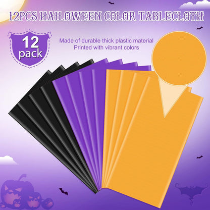 12Pack 54 X 108 Inch Halloween Tablecloths Bulk Plastic Black Purple Orange Table Cloths Disposable Rectangle Table Covers for Halloween Witch Vampire Party Fall Autumn Party Decorations