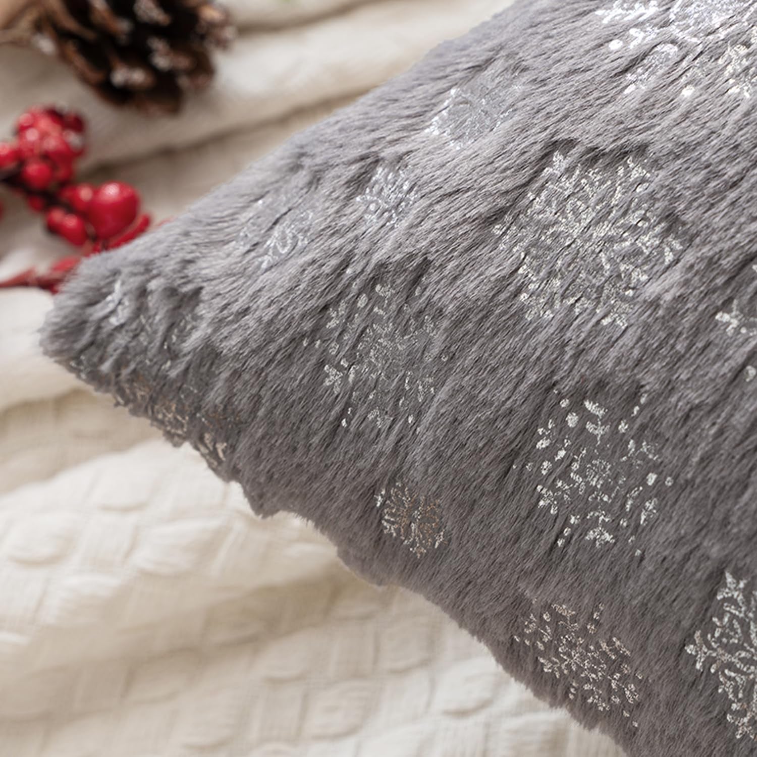 Christmas Grey Throw Pillow Covers Set of 2 Snowflakes Decorative Winter Couch Pillowcases 18×18 Inch Soft Plush Faux Fur Farmhouse Home Holiday Festival Decors for Sofa Living Room Bed