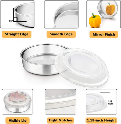8-Inch Cake Pan with Lid Set (3 Pans + 3 Lids), Stainless Steel round Baking Pans for Picnic Wedding Birthday, Leak-Proof Pan & Raised Plastic Cover, Healthy & Non-Toxic, Dishwasher Safe