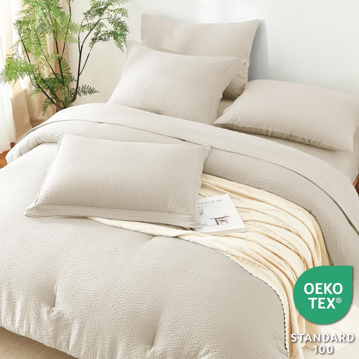 Queen Comforter Set - 7 Pieces Seersucker Bed in a Bag, Soft Lightweight Boho Bedding Set with All Season Comforters Queen Size, Sheets, Pillowcases & Shams, Beige Queen