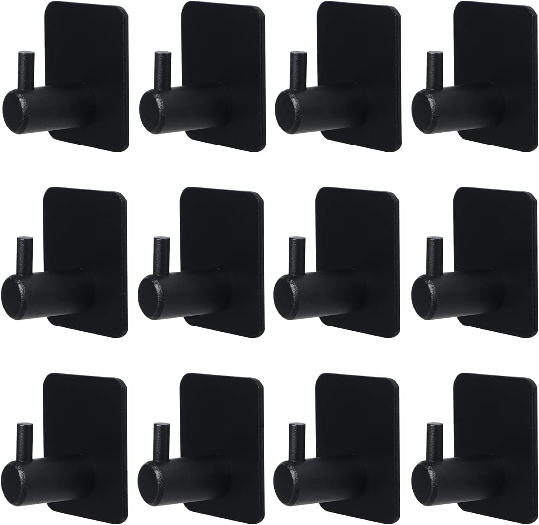 Black Adhesive Hooks 12 Pack, Heavy Duty Wall Hooks Aluminum Hooks for Hanging Coat, Hat, Towel, Robe, Key, Clothes, Towel Hook Wall Mount for Home, Kitchen, Bathroom, Office