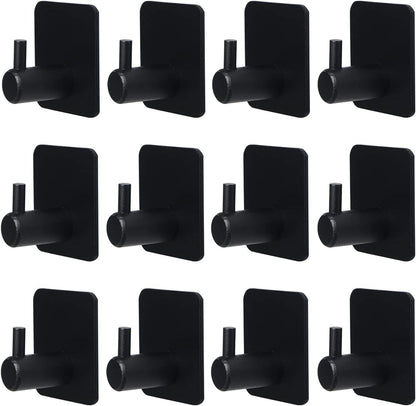 Black Adhesive Hooks 12 Pack, Heavy Duty Wall Hooks Aluminum Hooks for Hanging Coat, Hat, Towel, Robe, Key, Clothes, Towel Hook Wall Mount for Home, Kitchen, Bathroom, Office