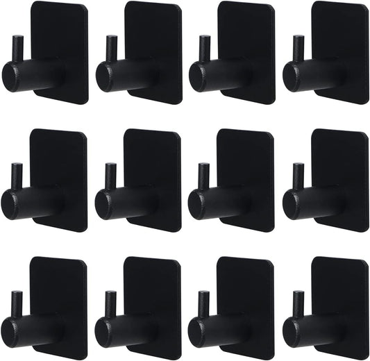 Black Adhesive Hooks 12 Pack, Heavy Duty Wall Hooks Aluminum Hooks for Hanging Coat, Hat, Towel, Robe, Key, Clothes, Towel Hook Wall Mount for Home, Kitchen, Bathroom, Office