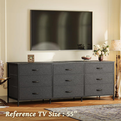 63-Inch Black Dresser and Entertainment Center with 9 Drawers, Suitable for 55 to 70 Inch TVs, Ideal for Bedroom and Closet Storage