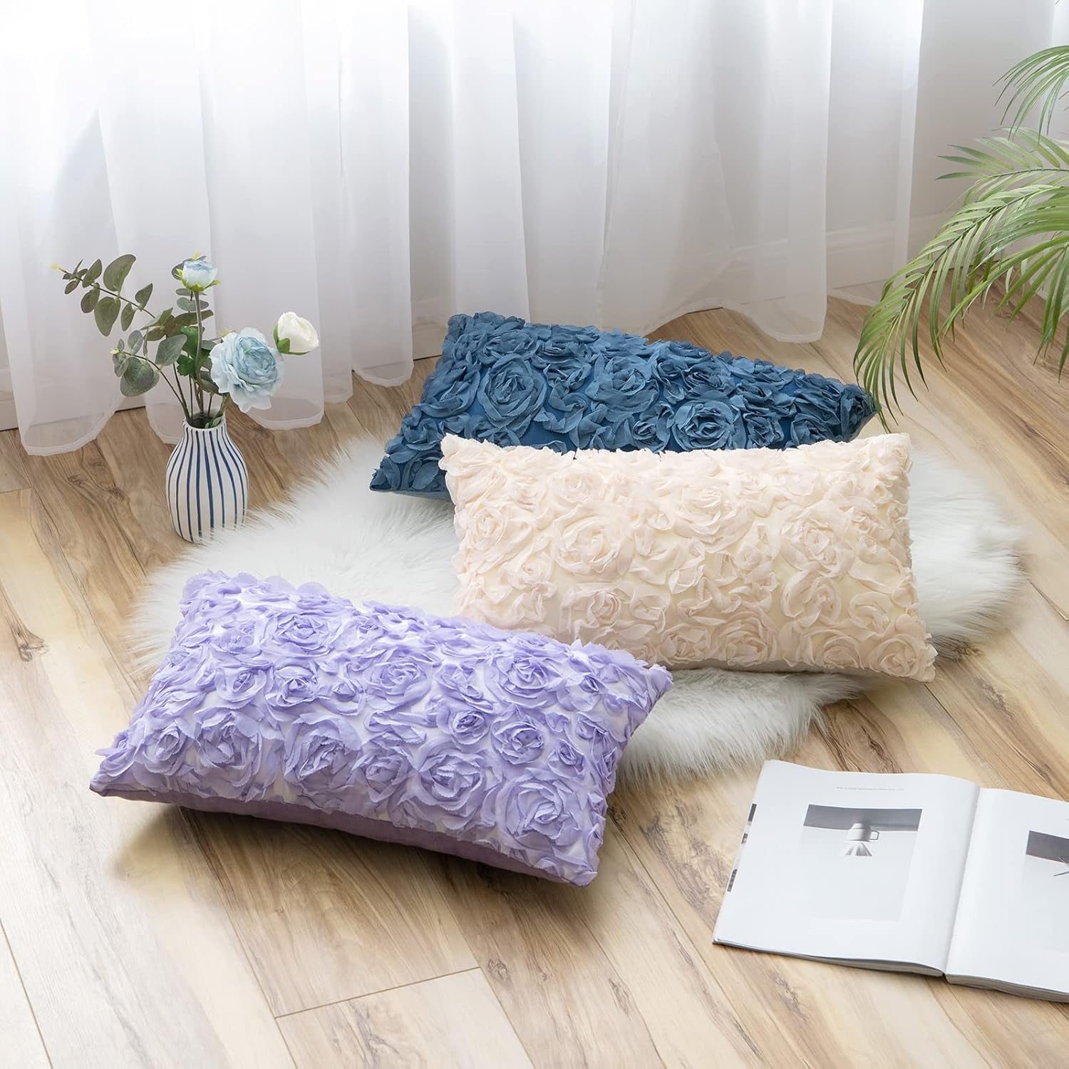 3D Decorative Chiffon Rose Flower Throw Pillow Cover for Valentine's Day - Solid Pillowcase for Women, Ideal for Wedding, Sofa, Bedroom, and Car Decor, 12x20 Inch (30x50 cm), Apricot Pink