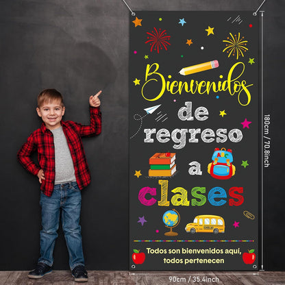 Bienvenidos De Regreso a Clases Banner Spanish Welcome Back to School Banner Door Cover Polyester Hanging Banner Backdrop Porch Sign for First Day of School Classroom Decorations, 70.8 X 35.4Inch