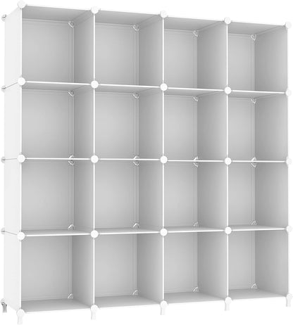 Cube Storage Organizer, 16 Cube Closet Organizer, Stackable Storage Cube Shelves, DIY Portable Closet Clothes Organizer Shelving for Bedroom, Closet, Wardrobe, Bathroom, White
