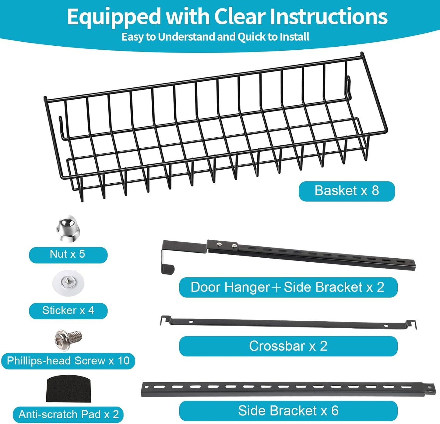 8-Tier Pantry Door Oragnizer, over the Door Pantry Organizer Rack and Storage, Hanging Spice Rack Shelves Door, Home Office Laundry Room Bathroom & Kitchen Organization Essentials Metal