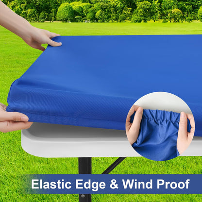 Rectangle Table Cloth Cover, Waterproof Polyester Elastic Fitted Tablecloth, Fits for 6 Foot Folding Tables, Washable Table Protector for Picnic, Camping, Outdoor (Blue, 30" X 72")