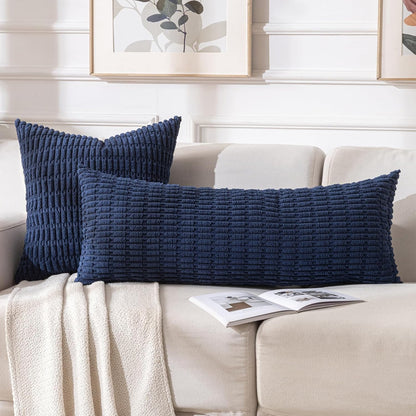 Navy Blue Long Body Lumbar Decorative Throw Pillow Covers 14X36 Inch for Bed Couch Bedroom Bench, Soft Corduroy Rectangle Solid Pillow Case, Rustic Farmhouse Boho Room Decor