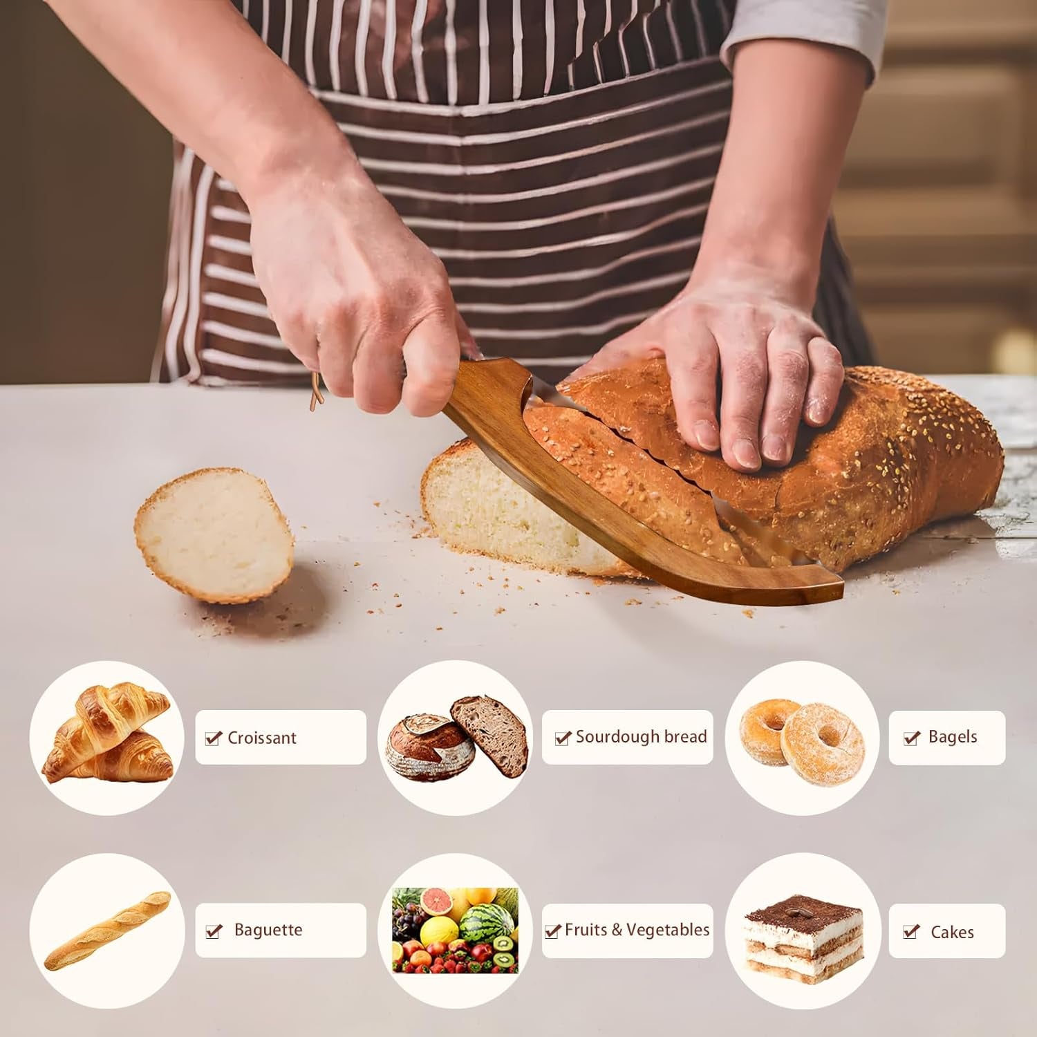 Bread Knife Slicer for Homemade Bread, Sourdough Bread Knife, Wood Bread Bow Cutter Saw for Precise Cutting Baguettes Sandwich, Double-Sided Blades, Sharp and Precise Cutting