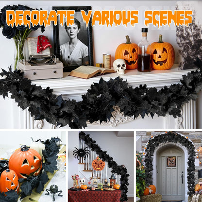2 Pack Halloween Garland, 5.7FT Black Leaf Garland for Mantle, Artificial Hanging Black Maple Leaves Vines, Spooky Halloween Outdoor Floral, Haunted Mansion, Fireplace, Fall Decor