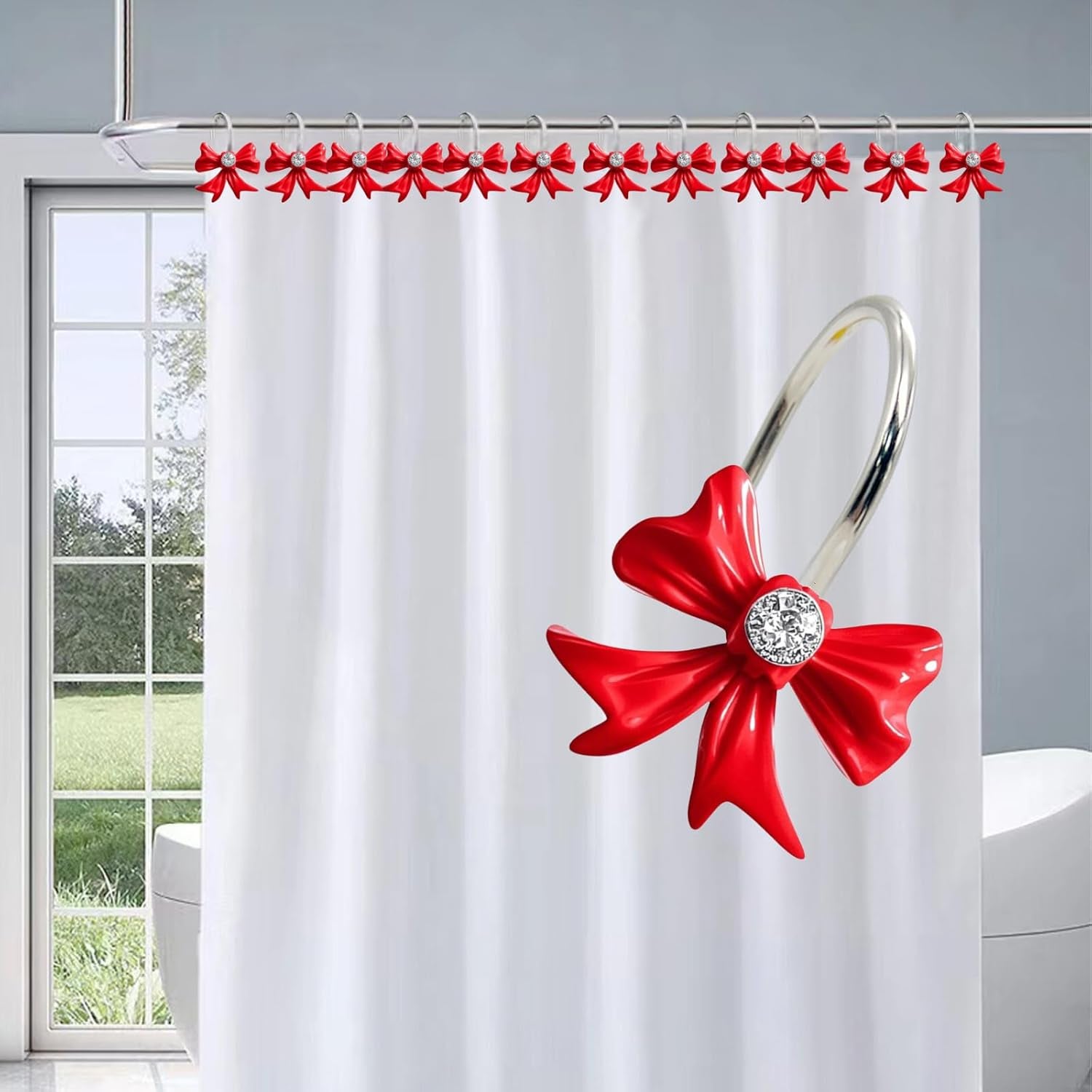 12Pcs Red Bow Shower Curtain Hooks Set, Kawaii Bow Resin Hooks for Red Bathroom Decor, Christmas, Coquette Bedroom, Girly Nursery, Cute Home Accessories