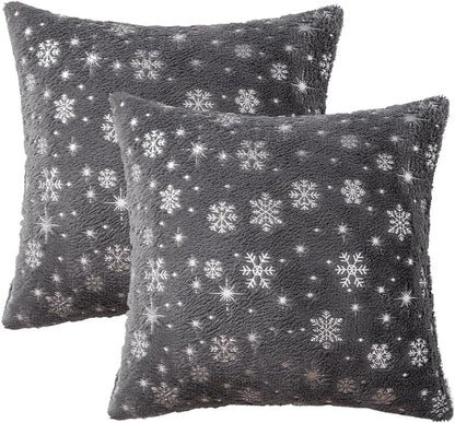 Set of 2 Christmas Decorative Throw Pillow Covers Soft Faux Fur Winter Pillow Covers with Silver Snowflake Glitter Holiday Festival Pillowcases for Couch Sofa Bed, 18×18Inch, Grey