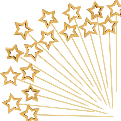 100PCS Gold Star Cocktail Picks, Decorative Fancy Toothpicks for Appetizers, 5.6 in Long Bamboo Skewers Wood Food Sticks for Drinks Fruit Garnish Holiday Party Supplies Charcuterie Boards Accessories