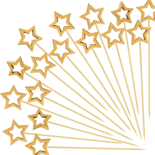 100PCS Gold Star Cocktail Picks, Decorative Fancy Toothpicks for Appetizers, 5.6 in Long Bamboo Skewers Wood Food Sticks for Drinks Fruit Garnish Holiday Party Supplies Charcuterie Boards Accessories