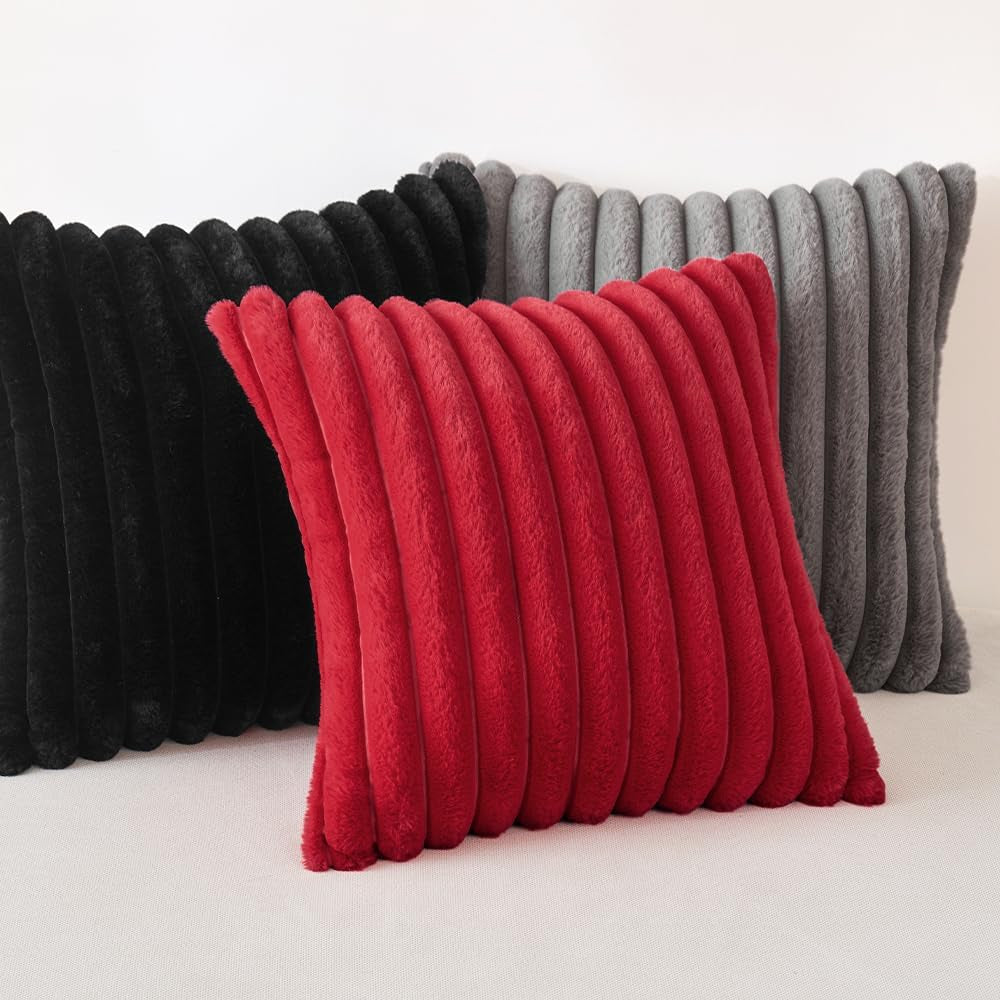 Faux Fur Plush Decorative Throw Pillow Covers Set of 2 Luxury Soft Fluffy Striped Pillowcases Cushion for Sofa Couch Bed Living Room Black 18X18 Inch