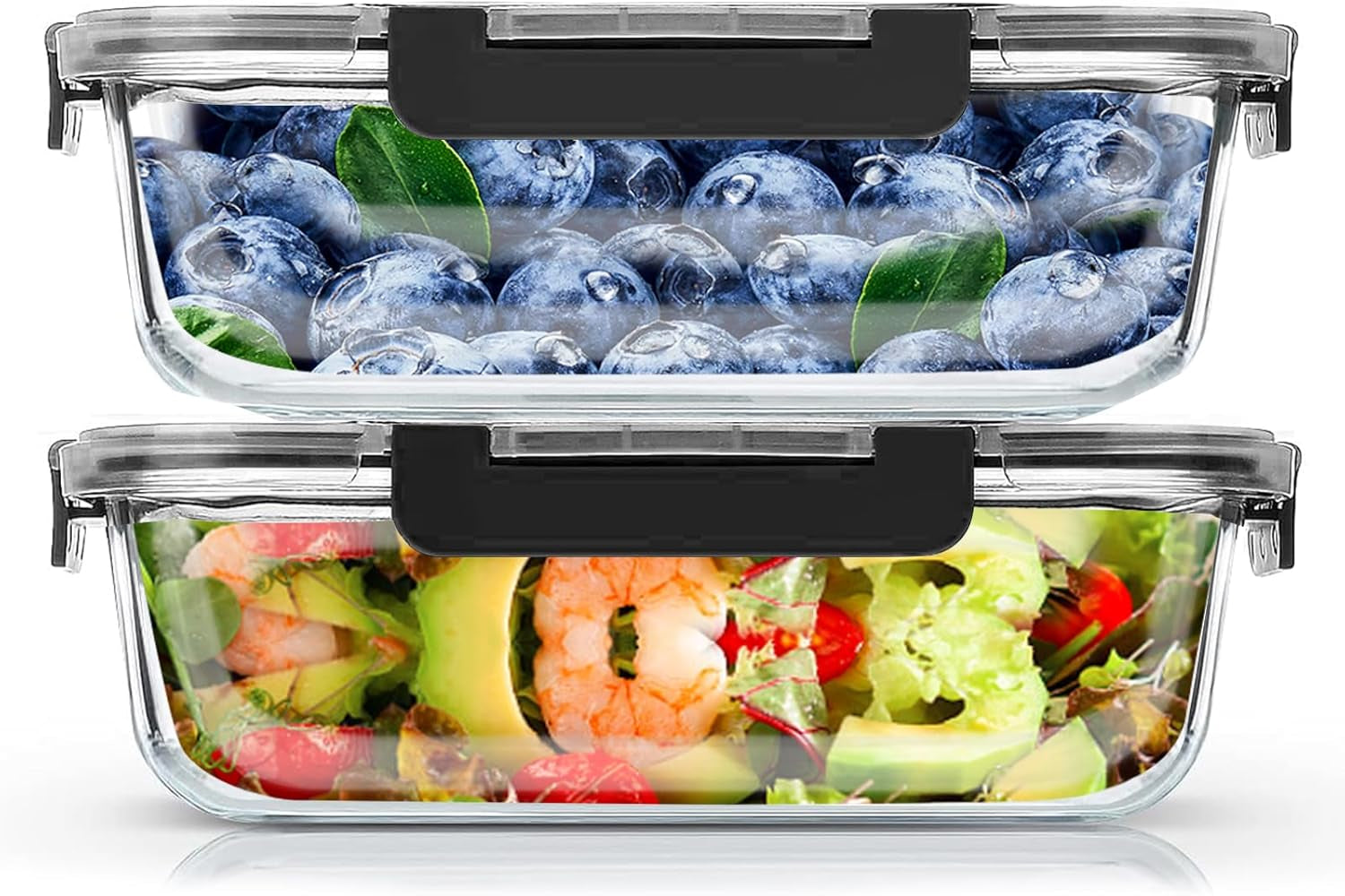 2Pcs 53Oz Large Glass Food Storage Containers Family Size Set Baking Containers with Locking Lids Storing Food-Ideal for Storing Food Vegetables or Fruits BPA Free & Leak Proof (Black)