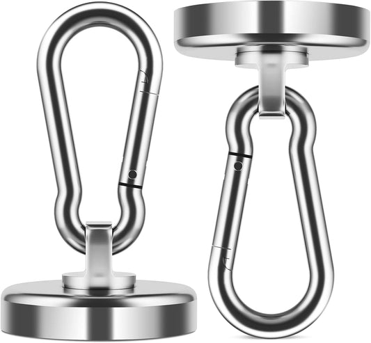 110LBS Magnetic Hooks with Swivel Carabiner, 2 Pack Neodymium Magnet Hooks Heavy Duty, Strong Magnetic Hooks for Hanging, Magnet with Hook for Outdoor, Garage, Warehouse, Home