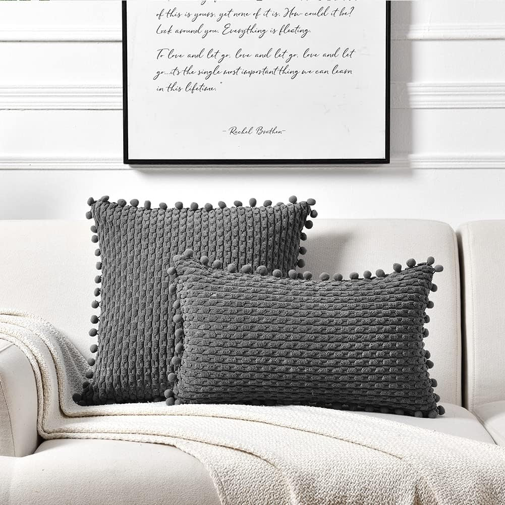 Set of 2 Dark Gray Decorative Throw Pillow Covers 18X18 Inch with Pom-Poms for Couch Bedroom Living Room, Modern Farmhouse Boho Home Decor, Soft Plush Corduroy Cute Cushion Case 45X45 Cm