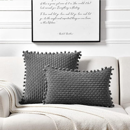 Set of 2 Dark Gray Decorative Throw Pillow Covers 18X18 Inch with Pom-Poms for Couch Bedroom Living Room, Modern Farmhouse Boho Home Decor, Soft Plush Corduroy Cute Cushion Case 45X45 Cm