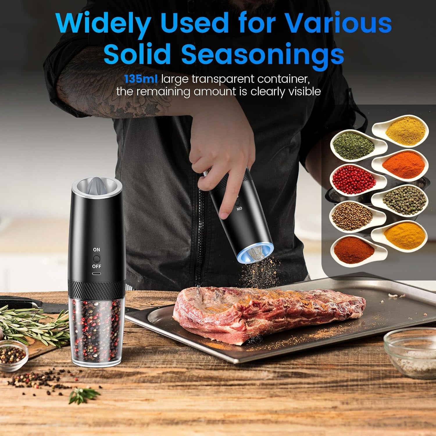 Rechargeable Electric Salt and Pepper Grinder Set with LED Light, Type-C Fast Charging, Adjustable Coarseness, Large Capacity for Kitchen, Restaurant, and Outdoor Use (2 Pack)