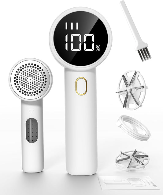 Fabric Shaver, Rechargeable Electric Lint Remover with 6 Leaf Blades, 3 Speeds & LED Display, Deep Pilling Removal for Clothes, Sweater, Couchs, Sweaters, Blankets