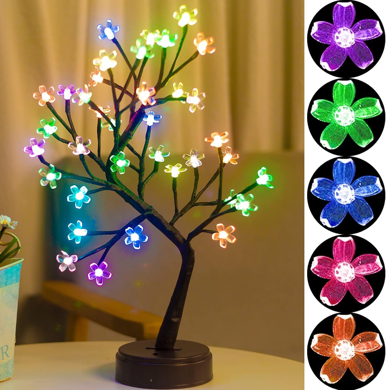 RGB Cherry Blossom Tree Light with Remote 16 Color-Changing LED Artificial Flower Bonsai Tree, Pink Table Top Lamp Home Lit Tree Valentine'S Day Christmas Decoration 36 LED, Brown Branch