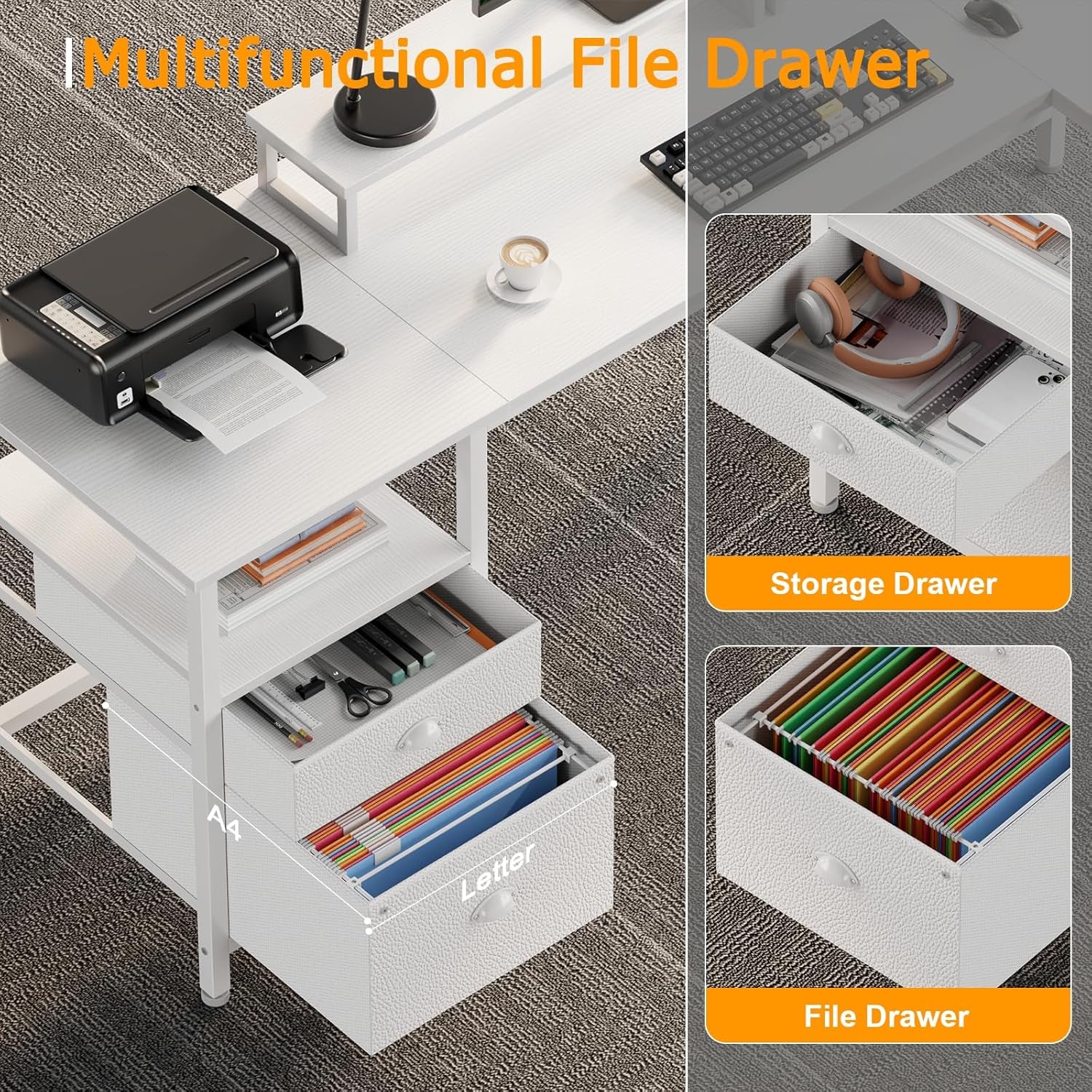 66” L Shaped Desk with Power Outlet, Reversible Computer Gaming Desk with File Drawer & 2 Monitor Stands for Home Office with Storage Shelves, White