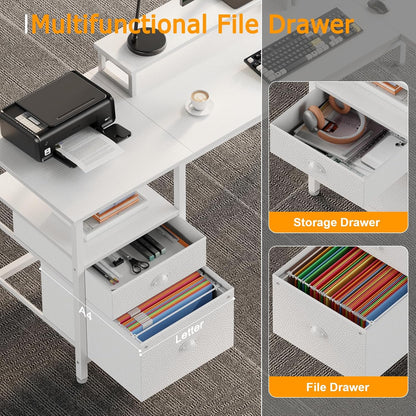 66” L Shaped Desk with Power Outlet, Reversible Computer Gaming Desk with File Drawer & 2 Monitor Stands for Home Office with Storage Shelves, White