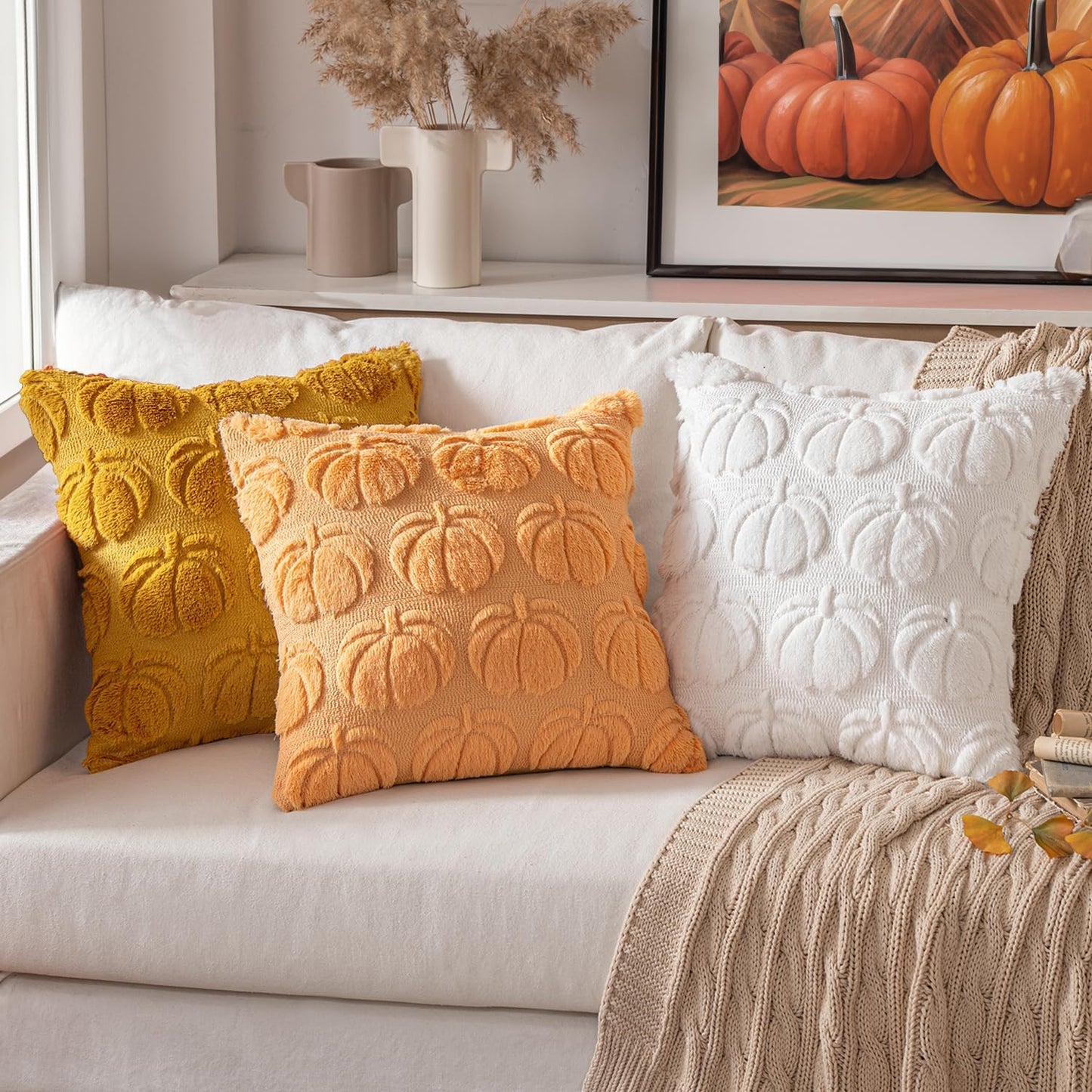Fall Throw Pillow Covers 18X18 Set of 2 Autumn Decorations Pumpkin Accent Pillowcase for Outdoor Porch Sofa Couch Bed Living Room Plush Faux Fur Halloween Farmhouse Home Decor